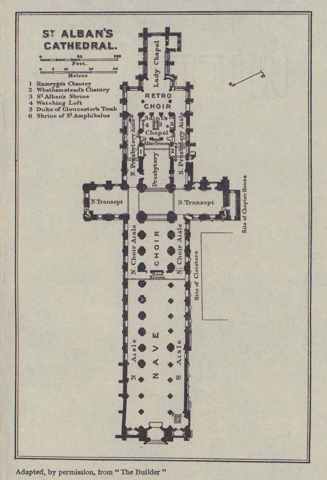 St Alban's Cathedral ground floor plan. Hertfordshire 1920 old antique map
